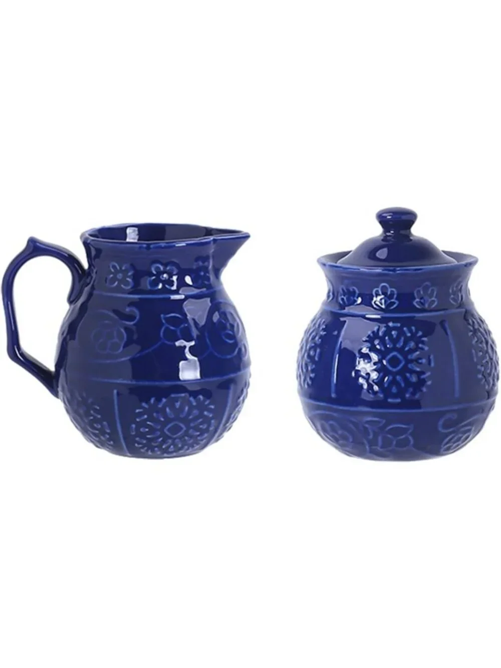 Blue Embossed Ceramic Sugar and Creamer Set with Lid & Spoon - 10oz Coffee Serve